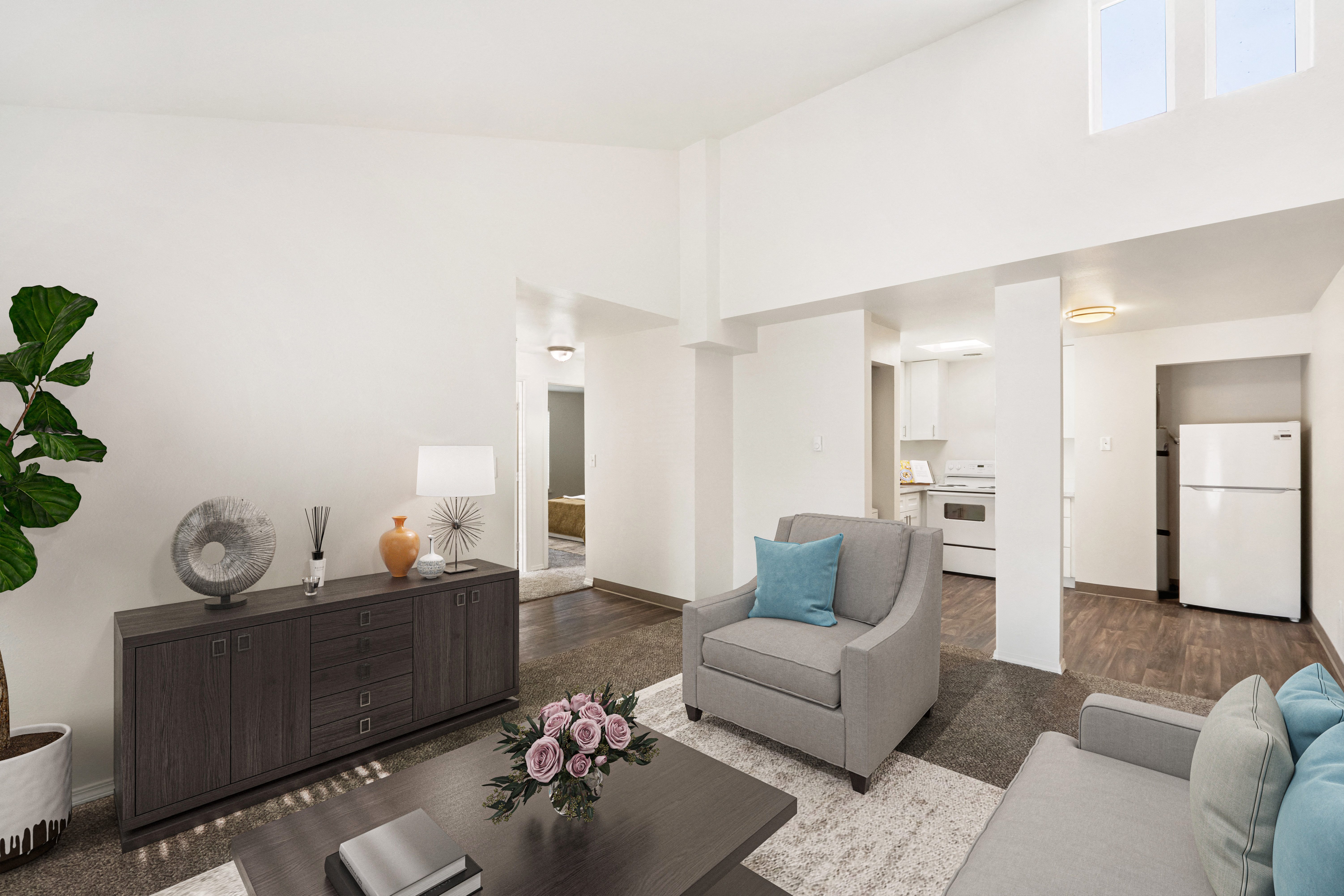 a living room with two couches and a coffee table  at Park View Apartments, Wenatchee, WA, 98801